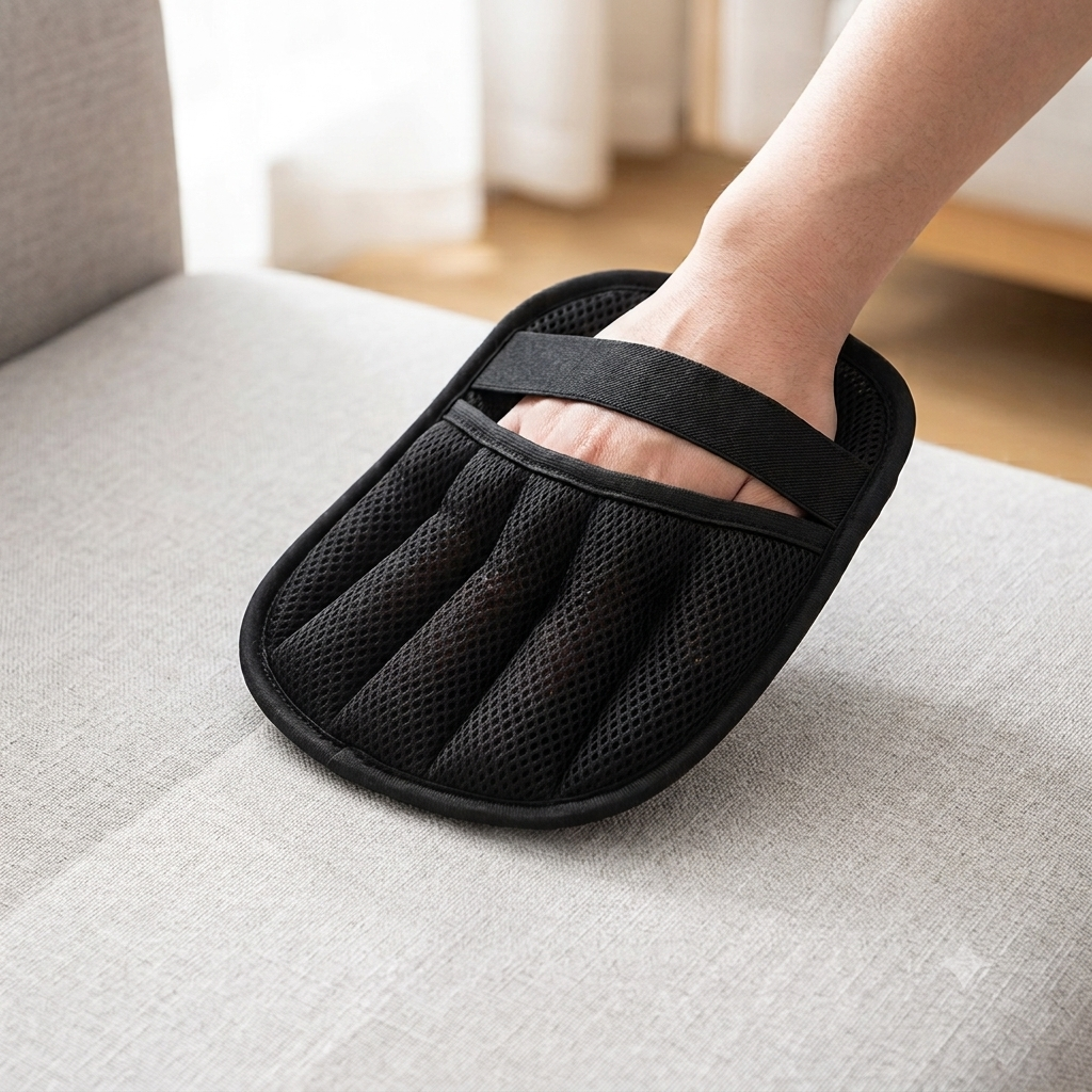 Homipaw reusable pet hair remover mitt worn on a hand, cleaning a grey sofa
